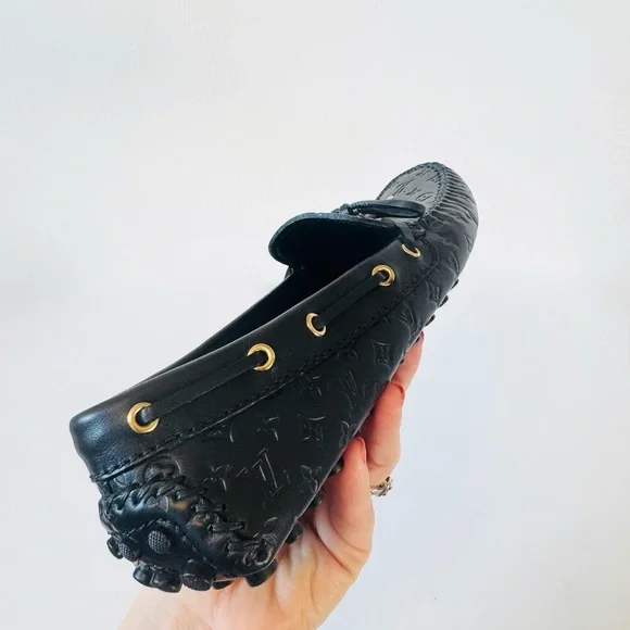 NWOT Louis Vuitton Black Monogram Loafers with Gold Accents - Picture 13 of 16